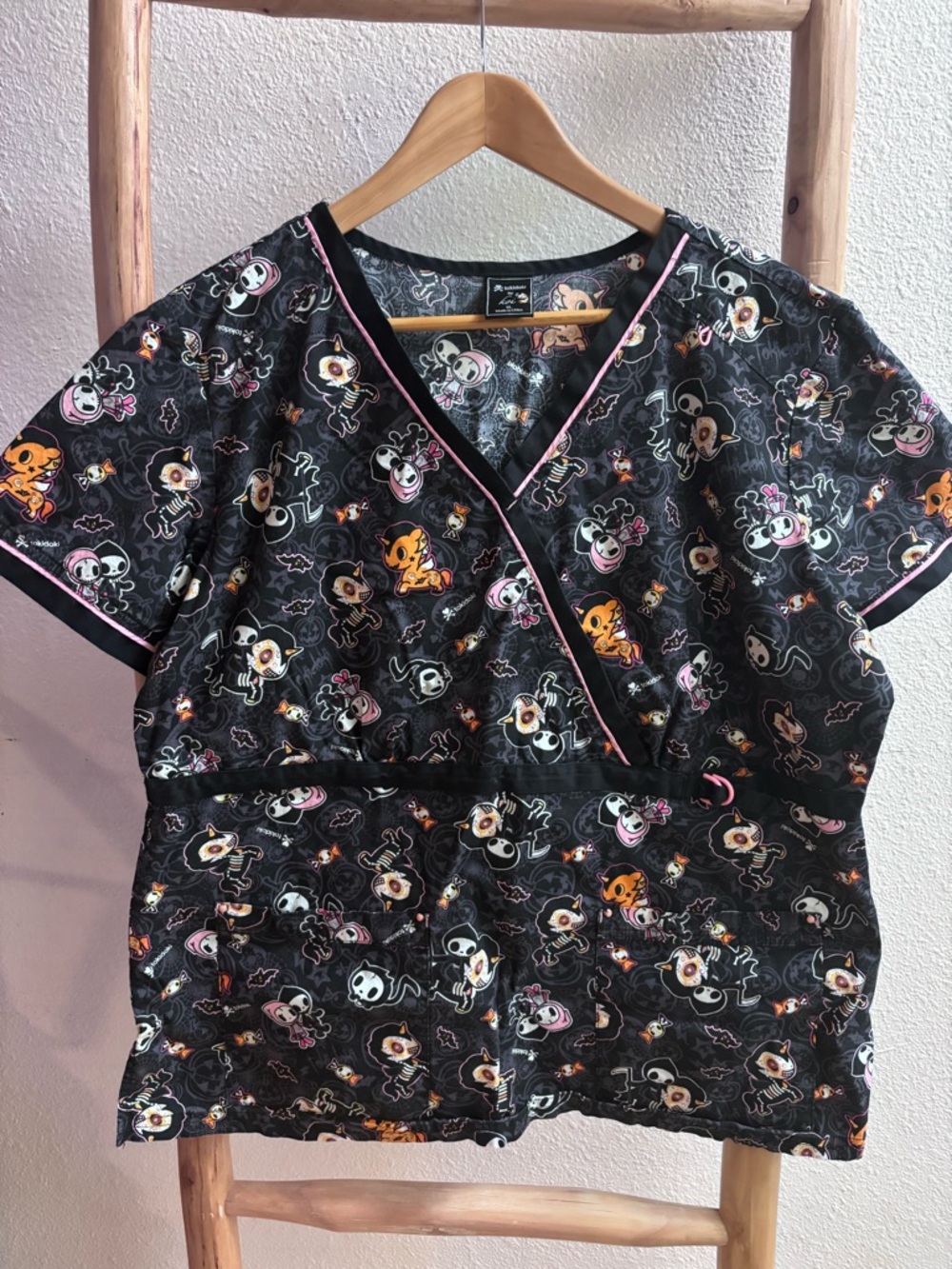 tokidoki Black Scrub Top with Pink and Orange Character Print